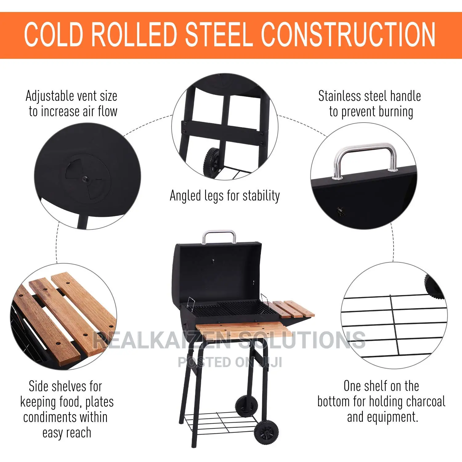 Charcoal BBQ Grill Oven Smoker on Wheels Black Metal