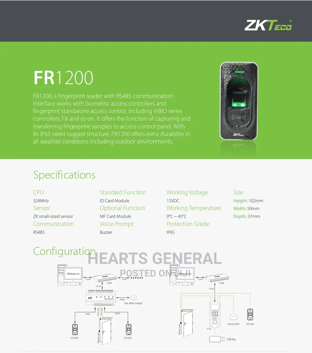 Zkteco Fr1200 Fingerprint Access Control Reader