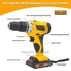 Gellen Cordless Drill 18V With 2 Lithium Batteries