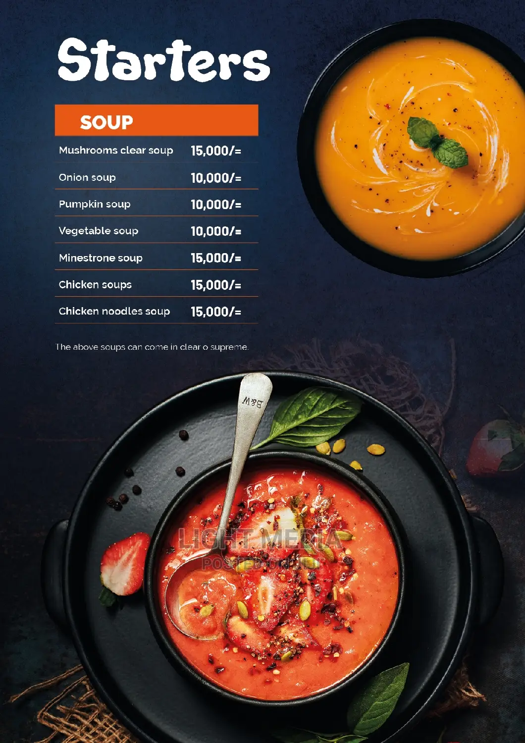 Professional Food Menu