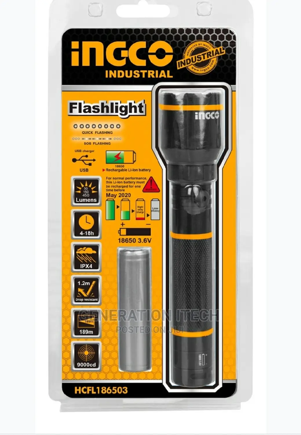 Ingco HCFL186503 Flashlight 400 Lumens Rechargeable