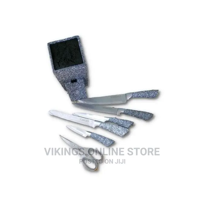Piece Black Dotted Handle Knife Set in Wooden Stand .