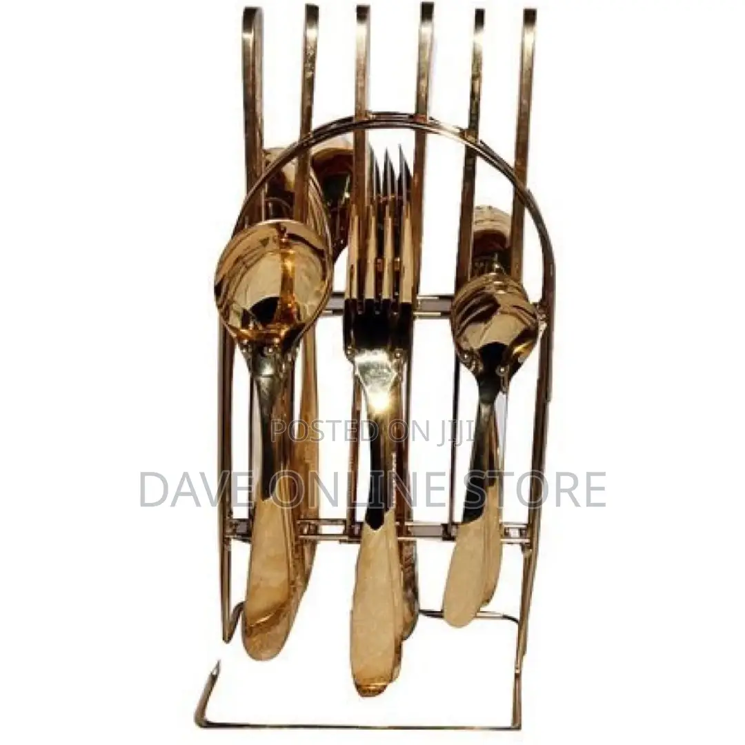 24pcs Cutlery (Forks ,Spoons Knives) With a Stand – Gold