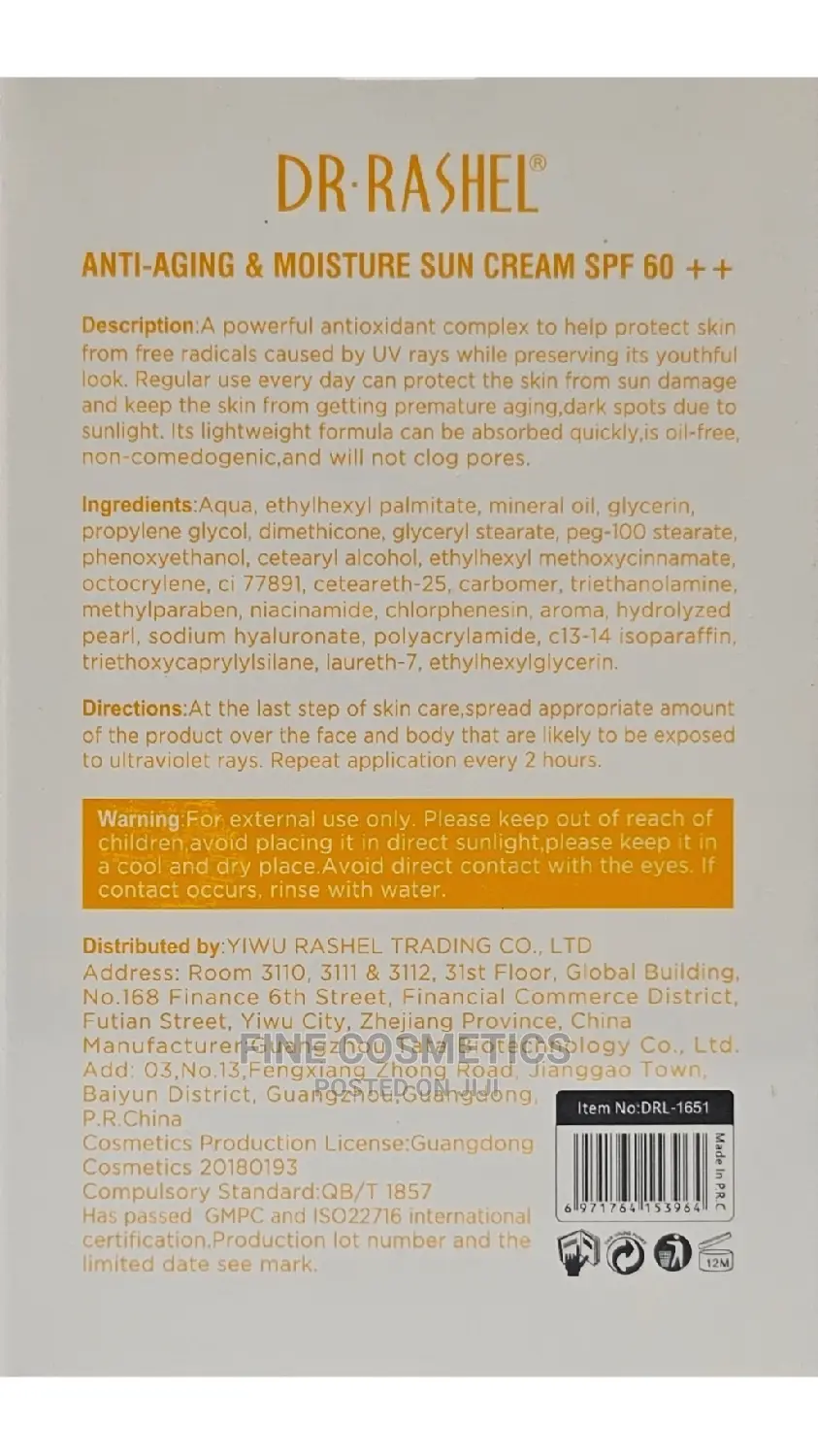 Dr. Rashel Anti-Aging Sun Cream SPF60+ Moisture Sun Block Cr