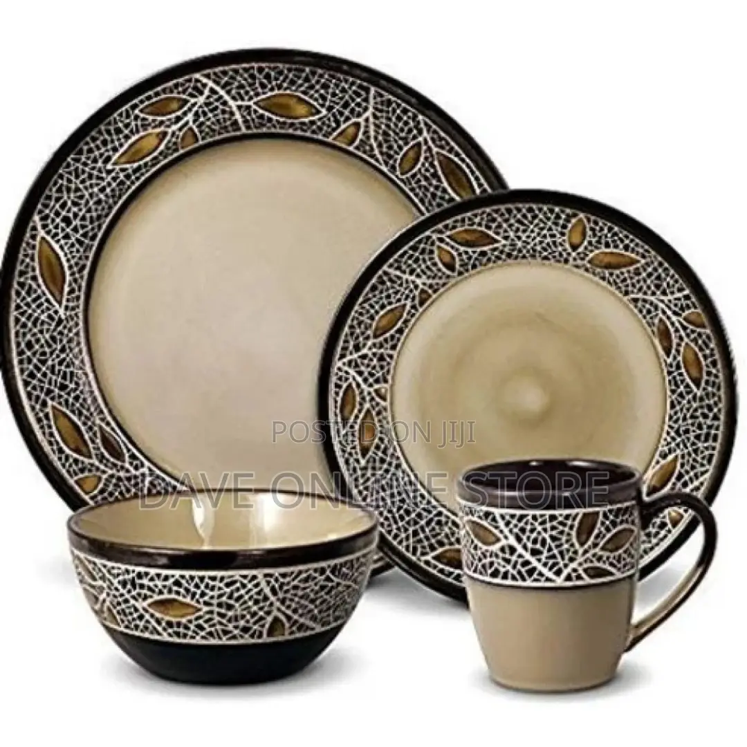 16 Piece Leaf Design Plates, Cups, Bowls Dinner Set – Cream