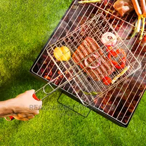 Chromium Plated Iron BBQ Double Grill With Wooden Handle