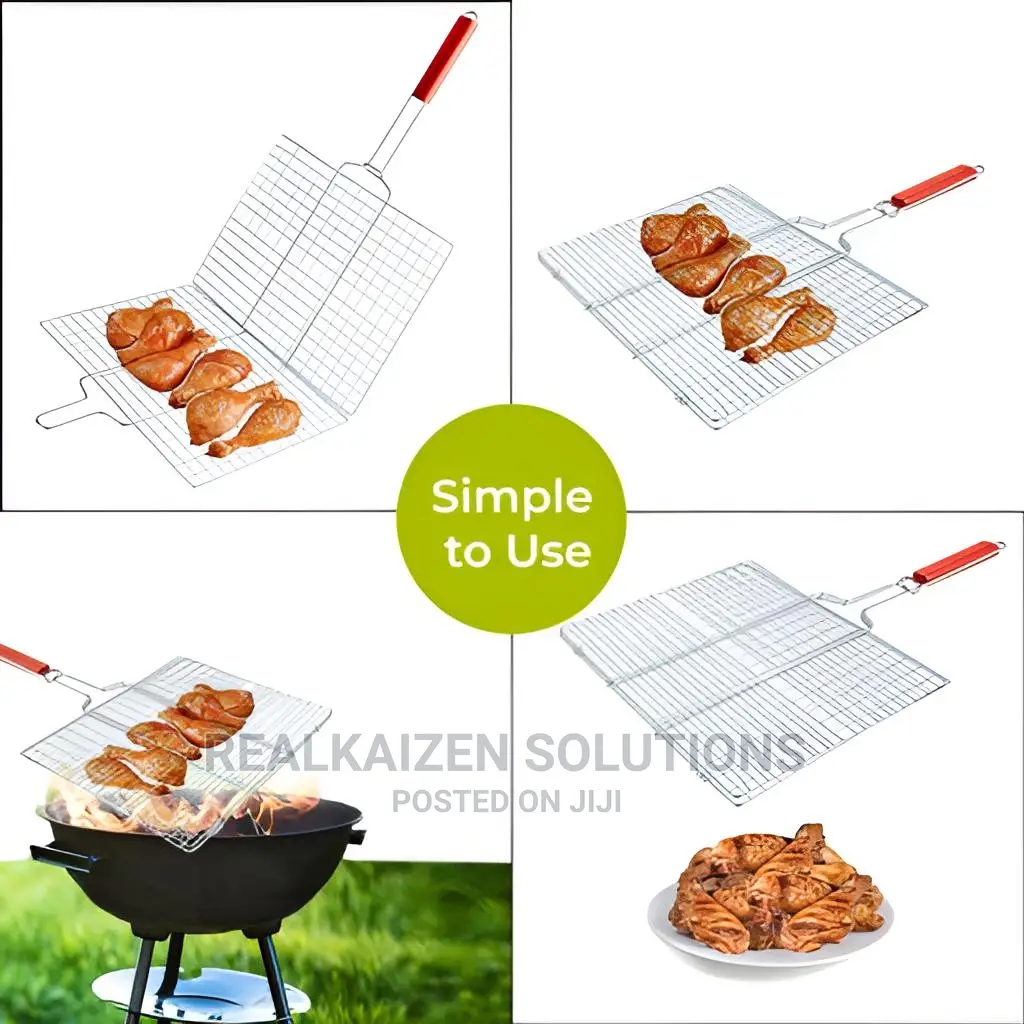 Chromium Plated Iron BBQ Double Grill With Wooden Handle