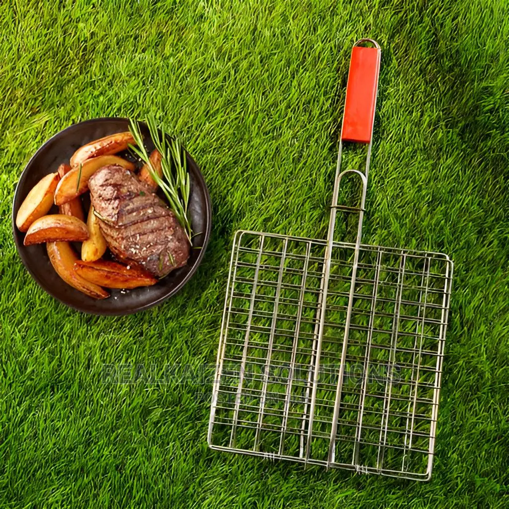 Chromium Plated Iron BBQ Double Grill With Wooden Handle