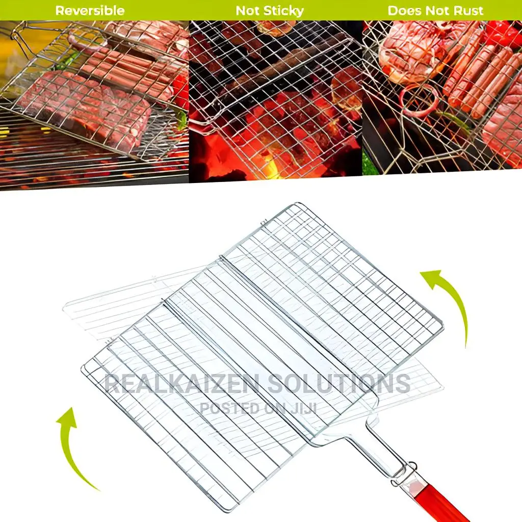 Chromium Plated Iron BBQ Double Grill With Wooden Handle