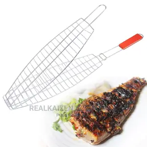 Chromium Plated Steel BBQ Fish Grill With Wooden Handle