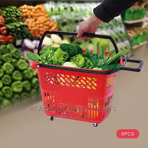 6pcs Plastic Rolling Shopping Basket With Handle Wheels