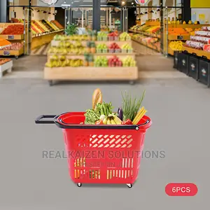 6pcs Plastic Rolling Shopping Basket With Handle Wheels