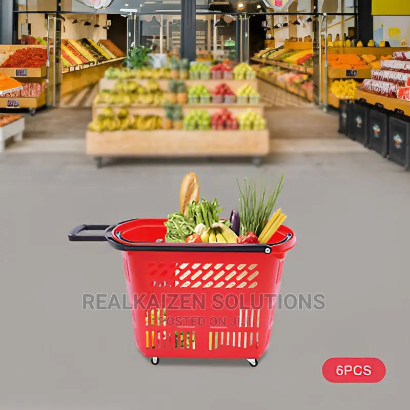 6pcs Plastic Rolling Shopping Basket With Handle Wheels