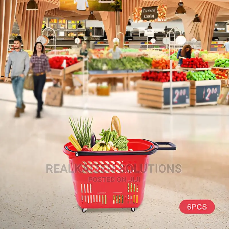 6pcs Plastic Rolling Shopping Basket With Handle Wheels