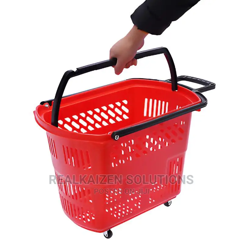 6pcs Plastic Rolling Shopping Basket With Handle Wheels