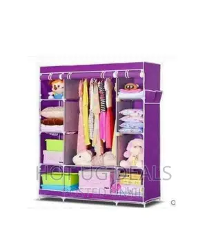3 Column Cloth Wooden Frame Portable Wardrobe- Purple