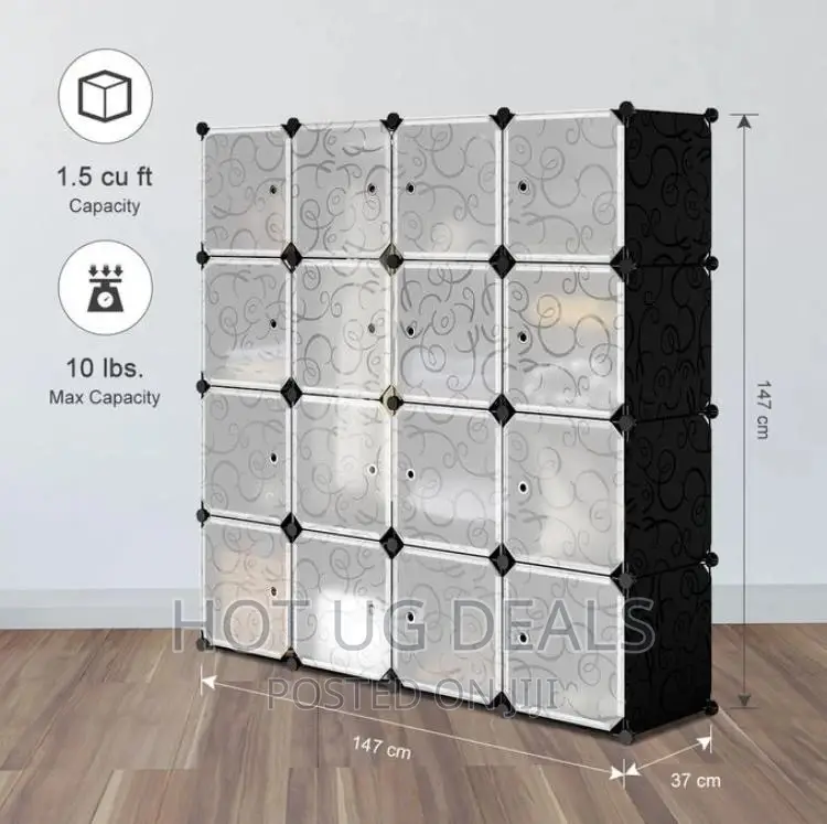 4 Column Plastic Wardrobe Plastic Frame Portable- Black