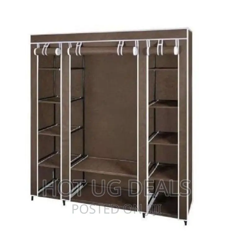 3 Column Wooden Frame Wardrobe- Brown
