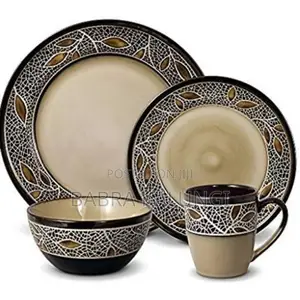 24pcs Leaf Design Plates Bowls Cups, Dinner Set Cream