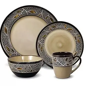 24pcs of Leaf Design Plates, Bowls, Cups Dinner Set
