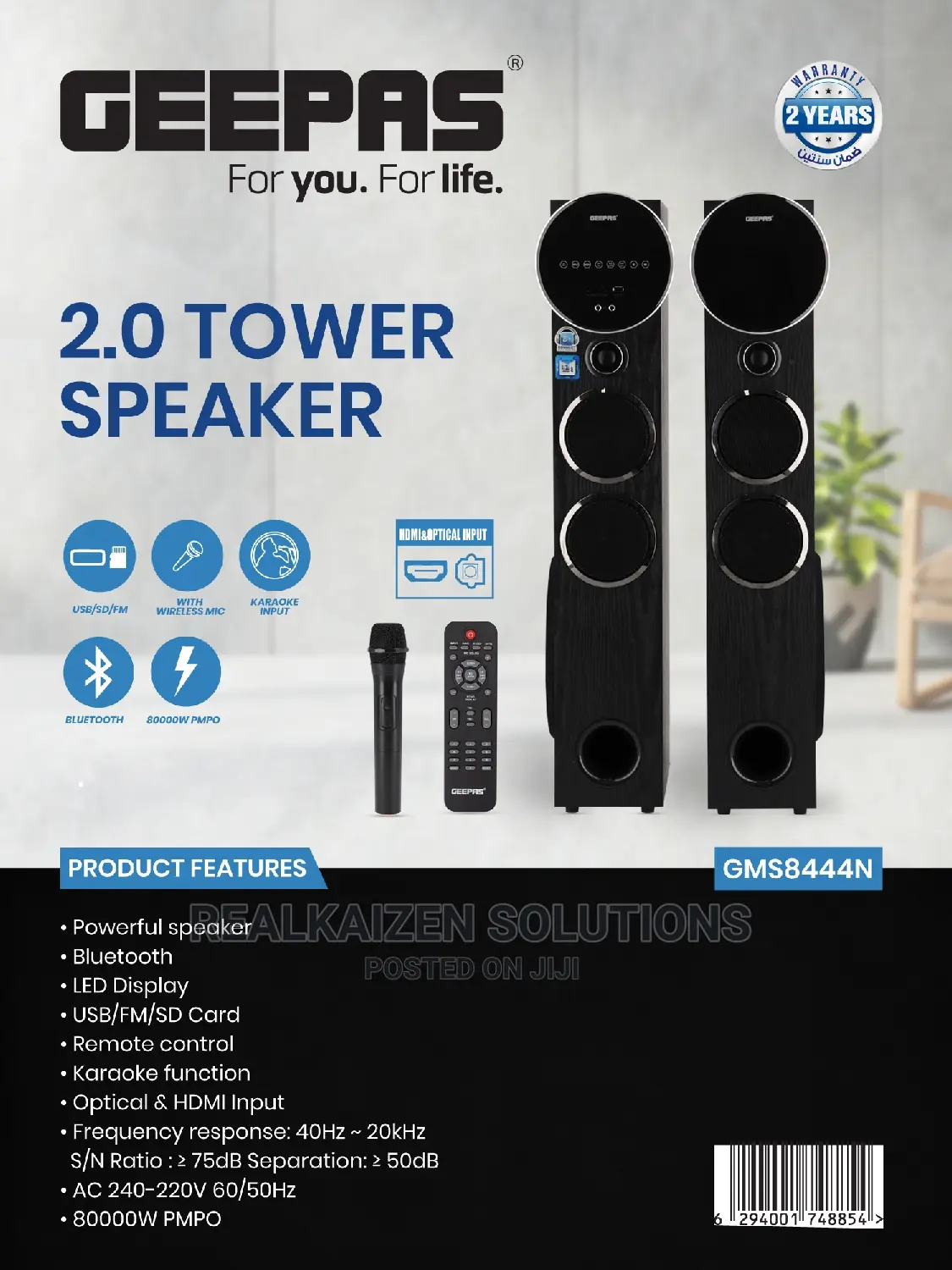 GEEPAS 2.0 Bluetooth USB SD FM Mic RC Tower Speaker System