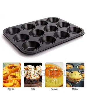 Non-Stick Cupcake Baking Tray12-Cavity, Steel Pan – Black