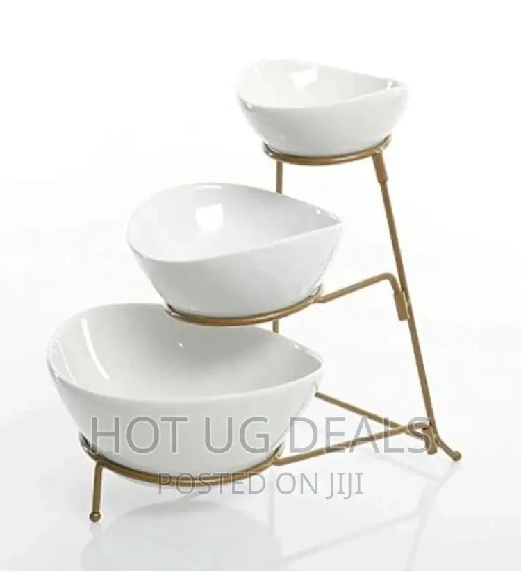 3 Tier Serving Bowls, Dishes With Gold Stand, White