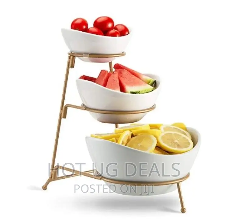 3 Tier Serving Bowls, Dishes With Gold Stand, White