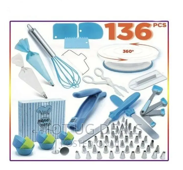 136 PCS Cake Decorating, Turntable Stand, Baking Set, Blue