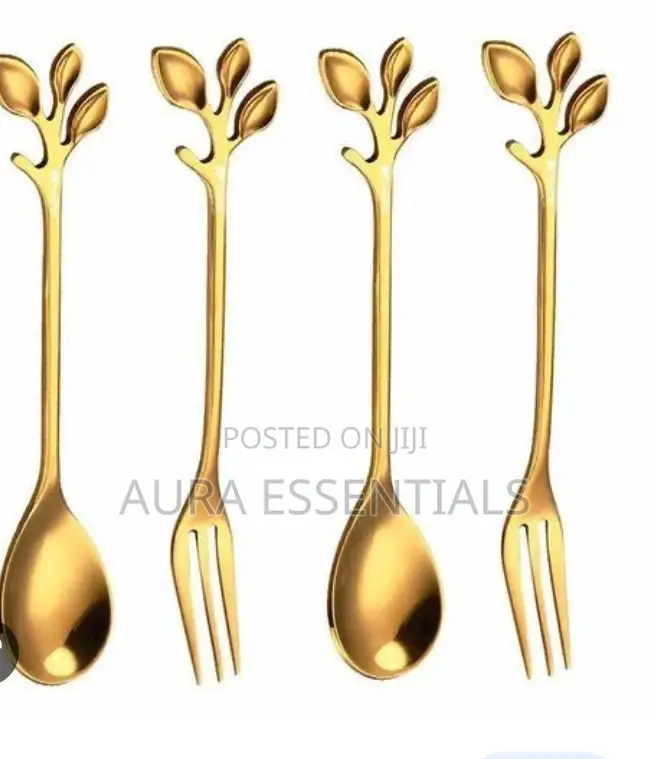 12pcs Leaf Coffee Spoons and Salad Forks Gold