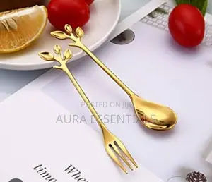 12pcs Leaf Coffee Spoons and Salad Forks Gold