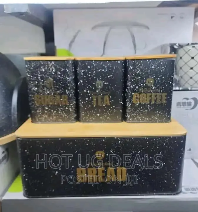 1 Pc Bread Bin 3 Pc Sugar Bowl,Canister Storage Set- Black