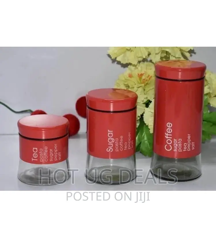 3pcs Set of Canister Tin for Salt, Tea Coffee Storage -Red