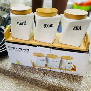 Set of 3 Canisters With Bamboo Stand -Coffee, Tea, Sugar