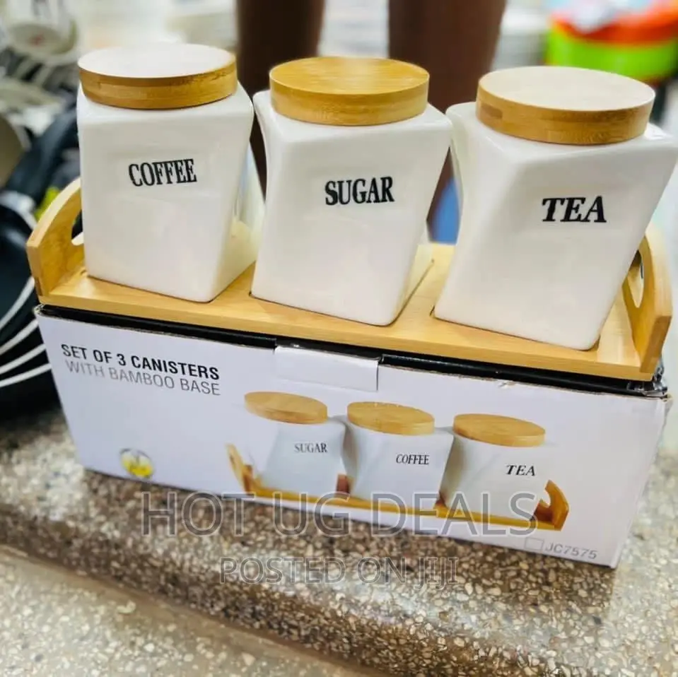 Set of 3 Canisters With Bamboo Stand -Coffee, Tea, Sugar