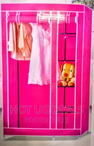 3 Column Metallic Cloth Frame Portable Wardrobe – Pink