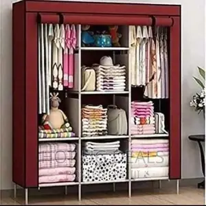 3 Column Cloth Wooden Frame Portable Wardrobe – Maroon