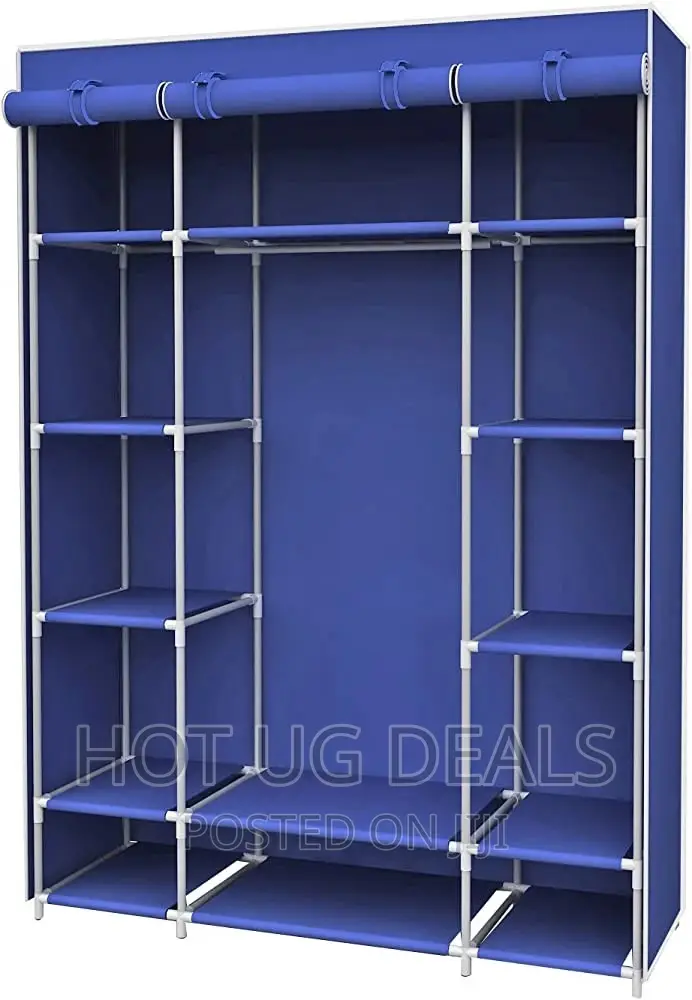 3 Column Cloth Wooden Frame Portable Wardrobe – Blue