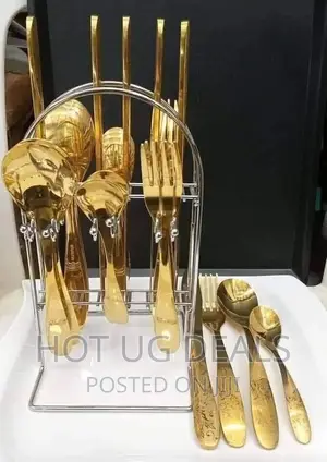24pcs Hardcutlery (Forks,Spoons Knives) With A Stand –Gold