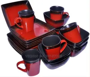 24 Piece Square Plates, Bowls, Cups Dinner Set – Red