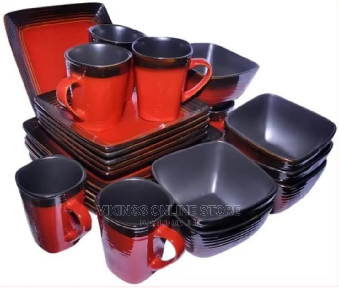 24 Piece Square Plates, Bowls, Cups Dinner Set – Red