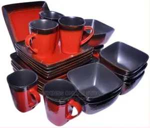 24 Piece Square Plates, Bowls, Cups Dinner Set – Red