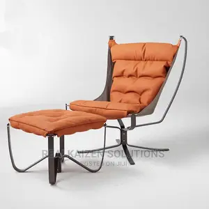 Luxury Leather Orange High Back Lounge Chair With Ottoman