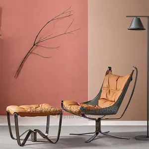 Luxury Leather Orange High Back Lounge Chair With Ottoman