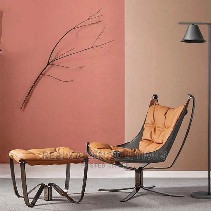 Luxury Leather Orange High Back Lounge Chair With Ottoman