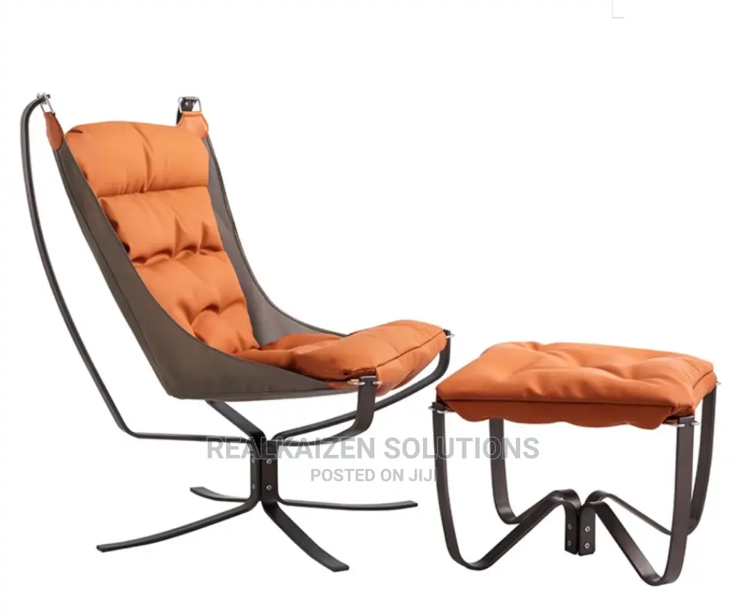 Luxury Leather Orange High Back Lounge Chair With Ottoman