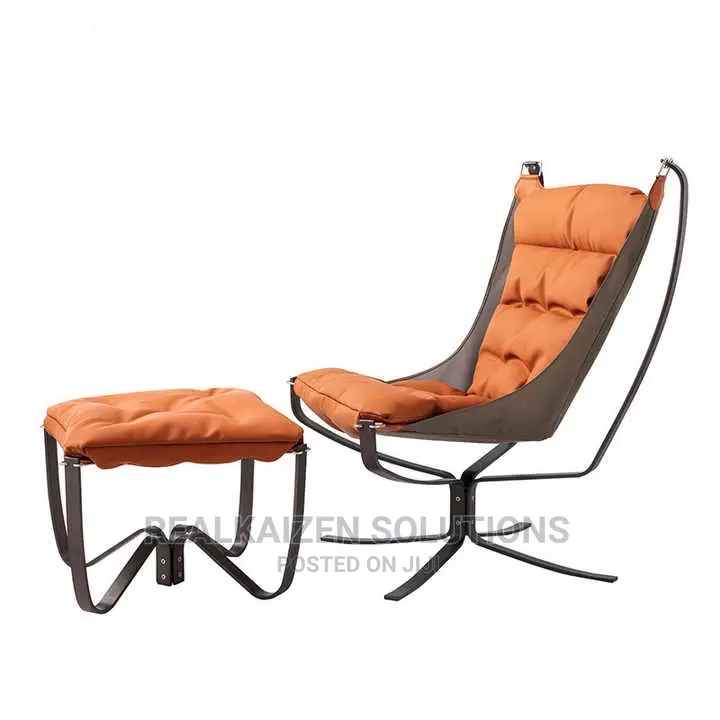 Luxury Leather Orange High Back Lounge Chair With Ottoman