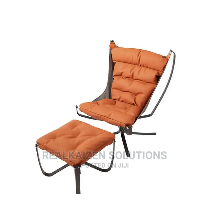 Luxury Leather Orange High Back Lounge Chair With Ottoman