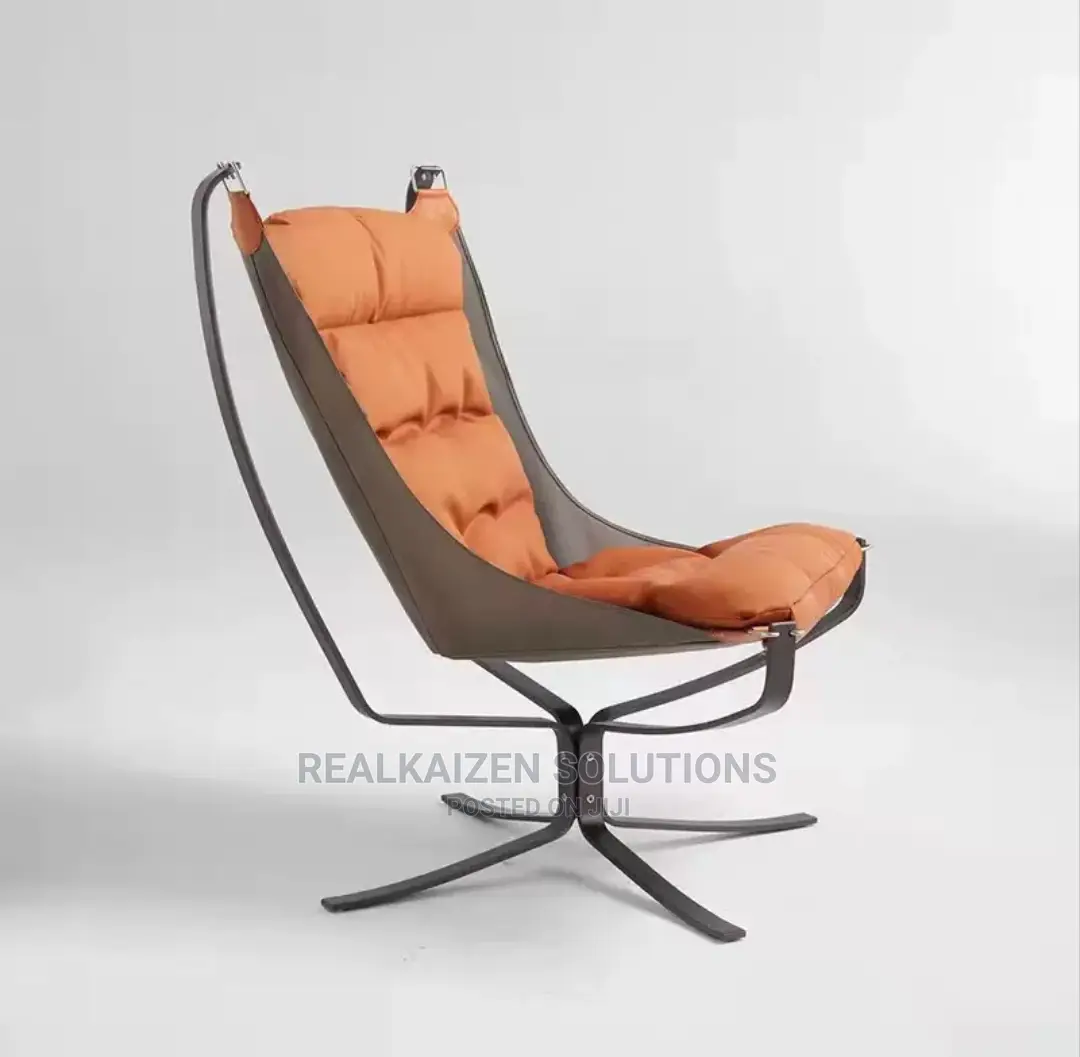 Luxury Leather Orange High Back Lounge Chair With Ottoman