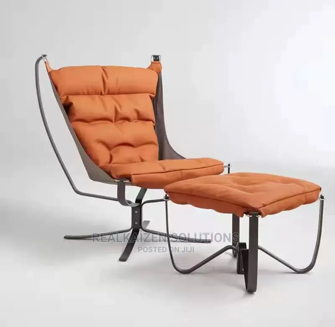 Luxury Leather Orange High Back Lounge Chair With Ottoman